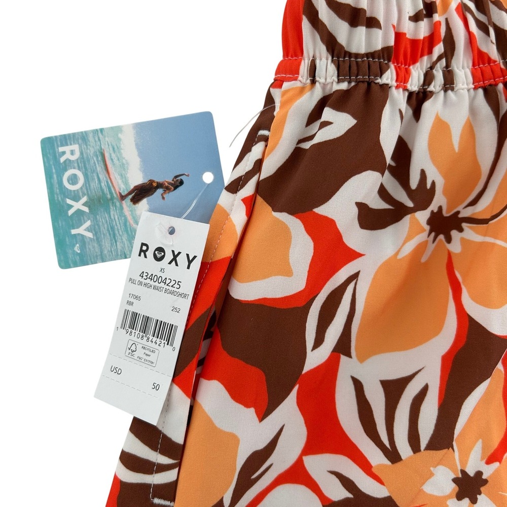 NWT Roxy Women's XS Pull On High Waist Boardshorts Floral Print Red Orange Brown - Picture 11 of 15